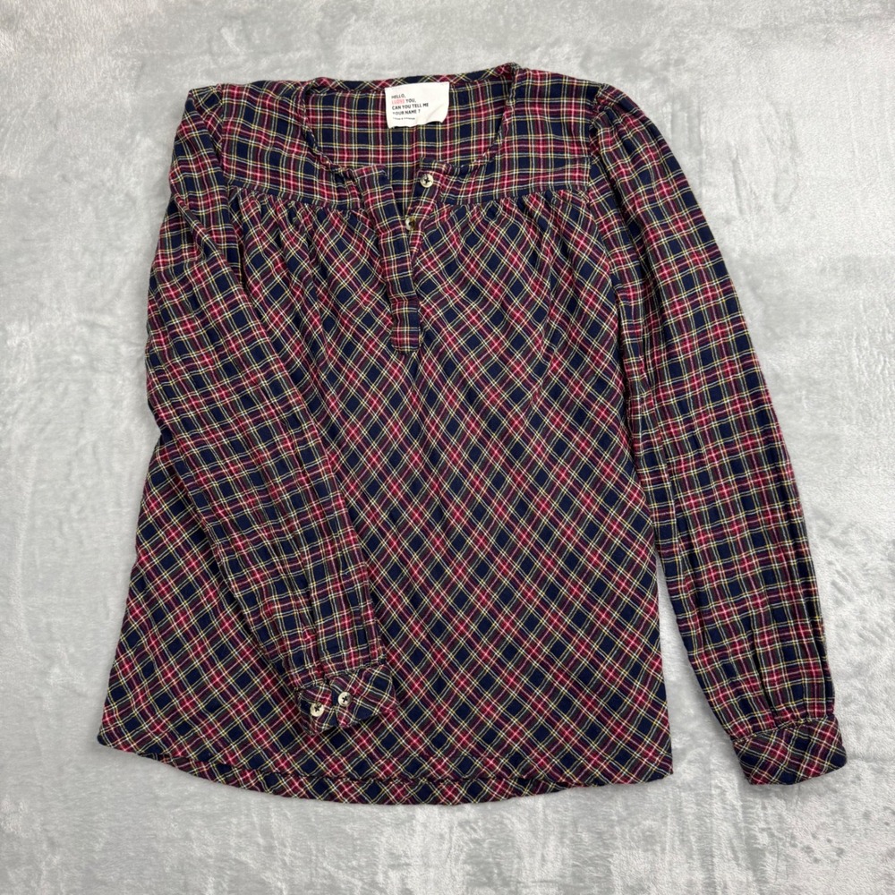 LEON & HARPER Plaid‎ Button Down Long Sleeve Blouse M Navy Red Yellow Preppy